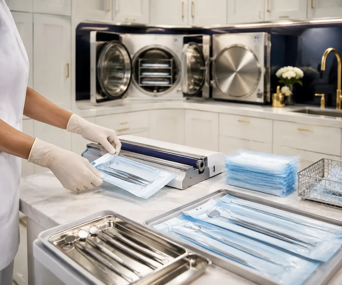 Sterilizasyon poşetlerindeki aletler ve otoklavlar
