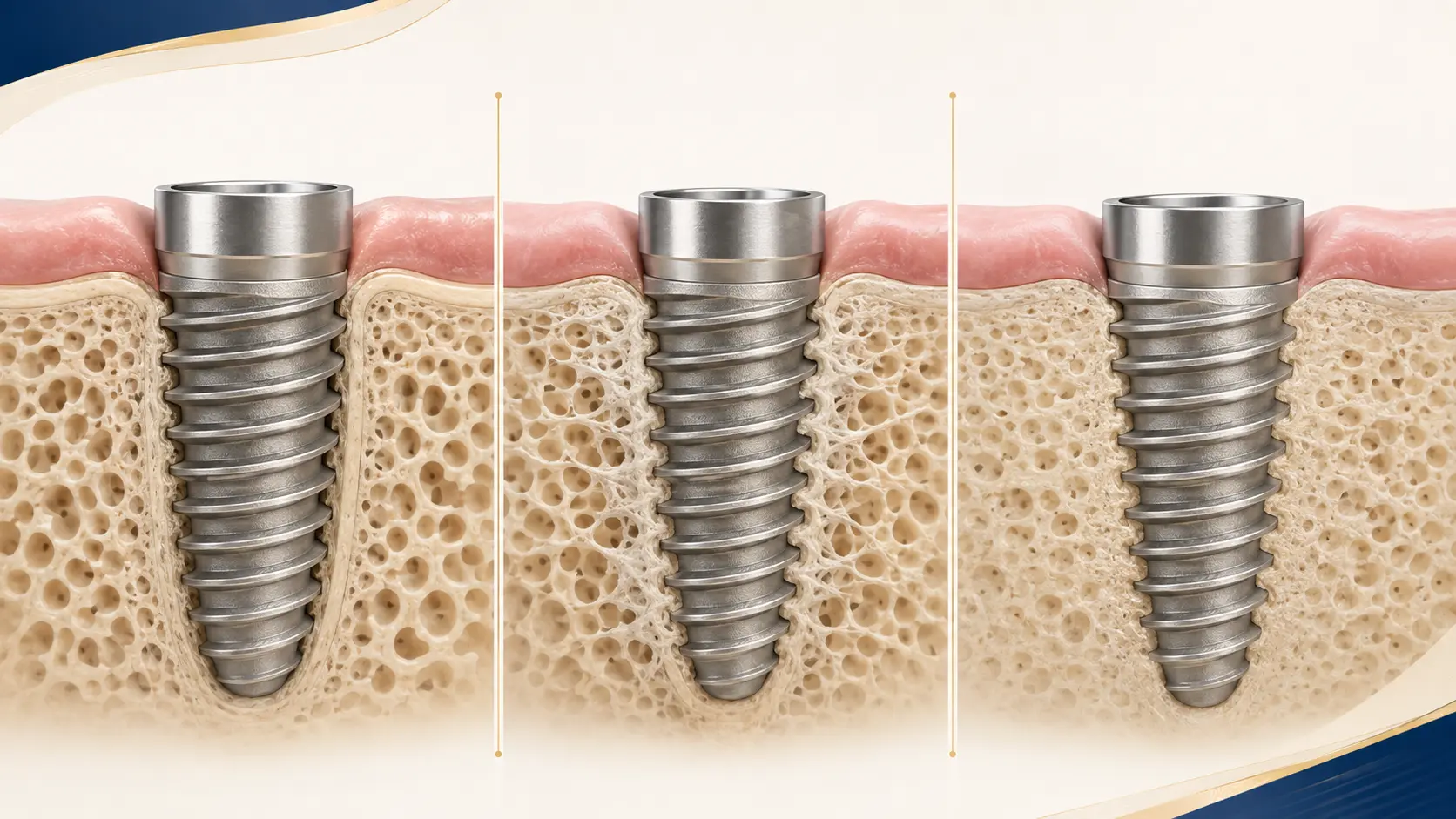 Illustration en trois étapes du processus d’ostéo-intégration d’un implant dentaire.