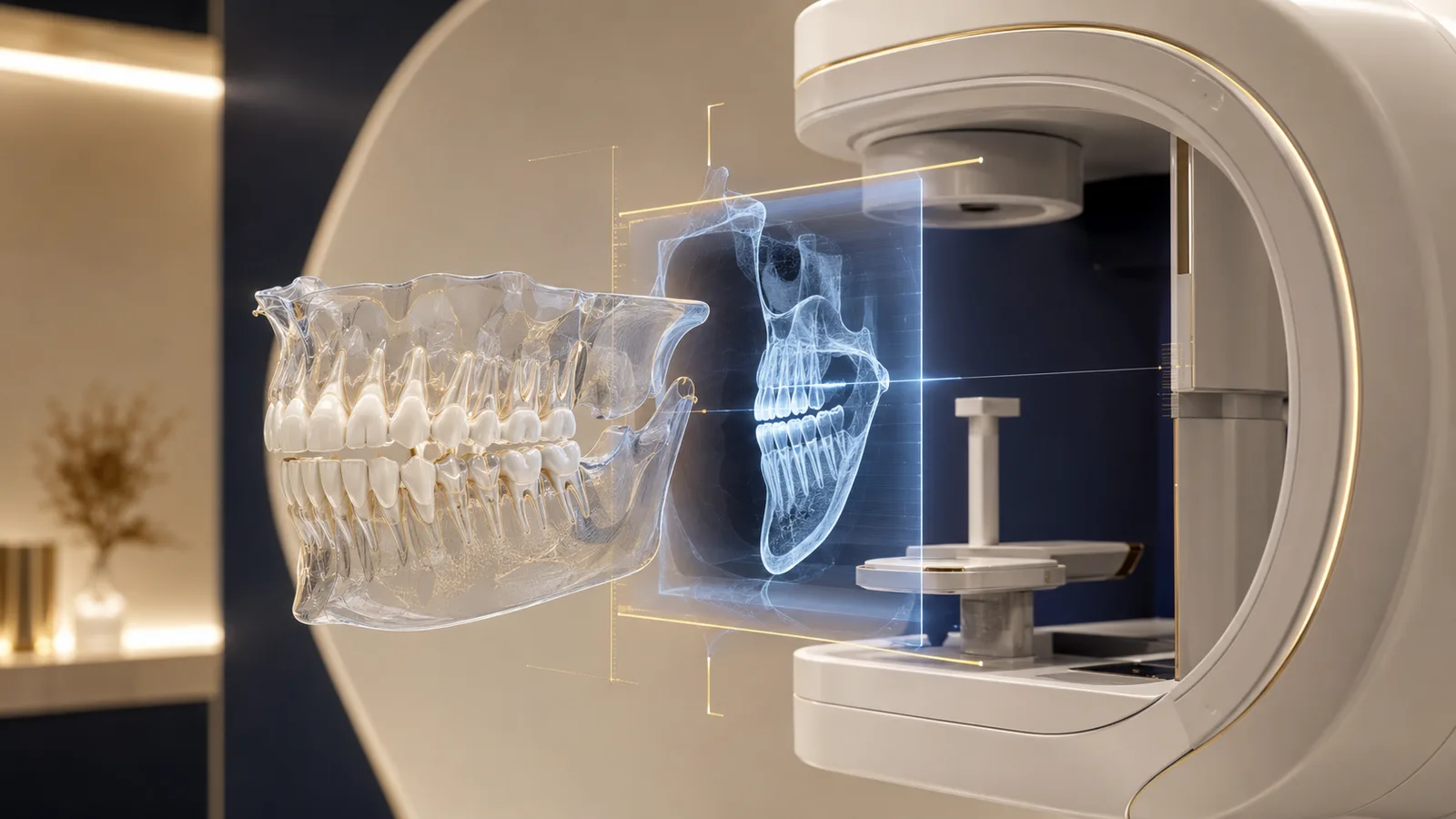 Bir cone beam cihazının önünde 3D çene ve radyolojik görüntü