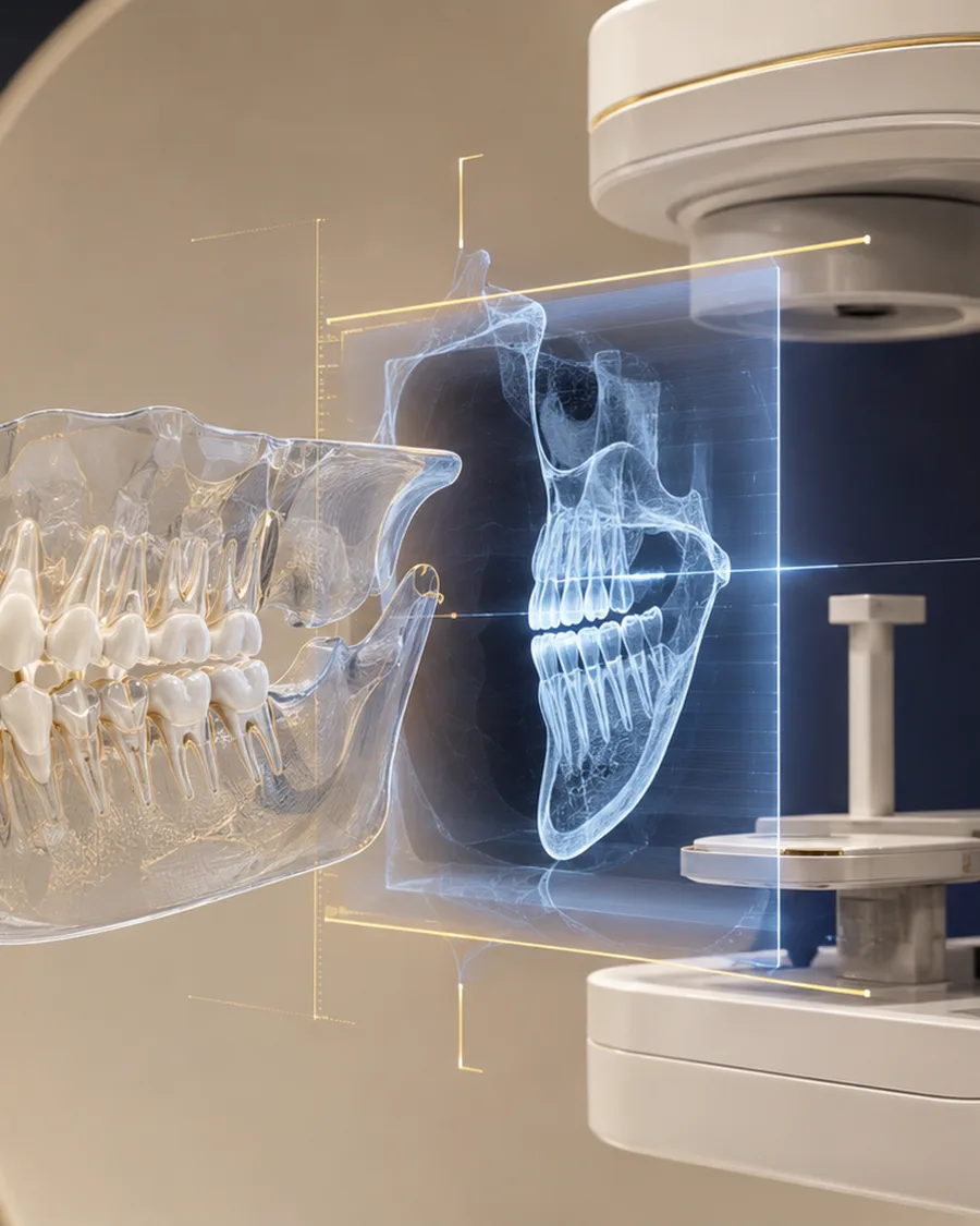 Bir cone beam cihazının önünde 3D çene ve radyolojik görüntü