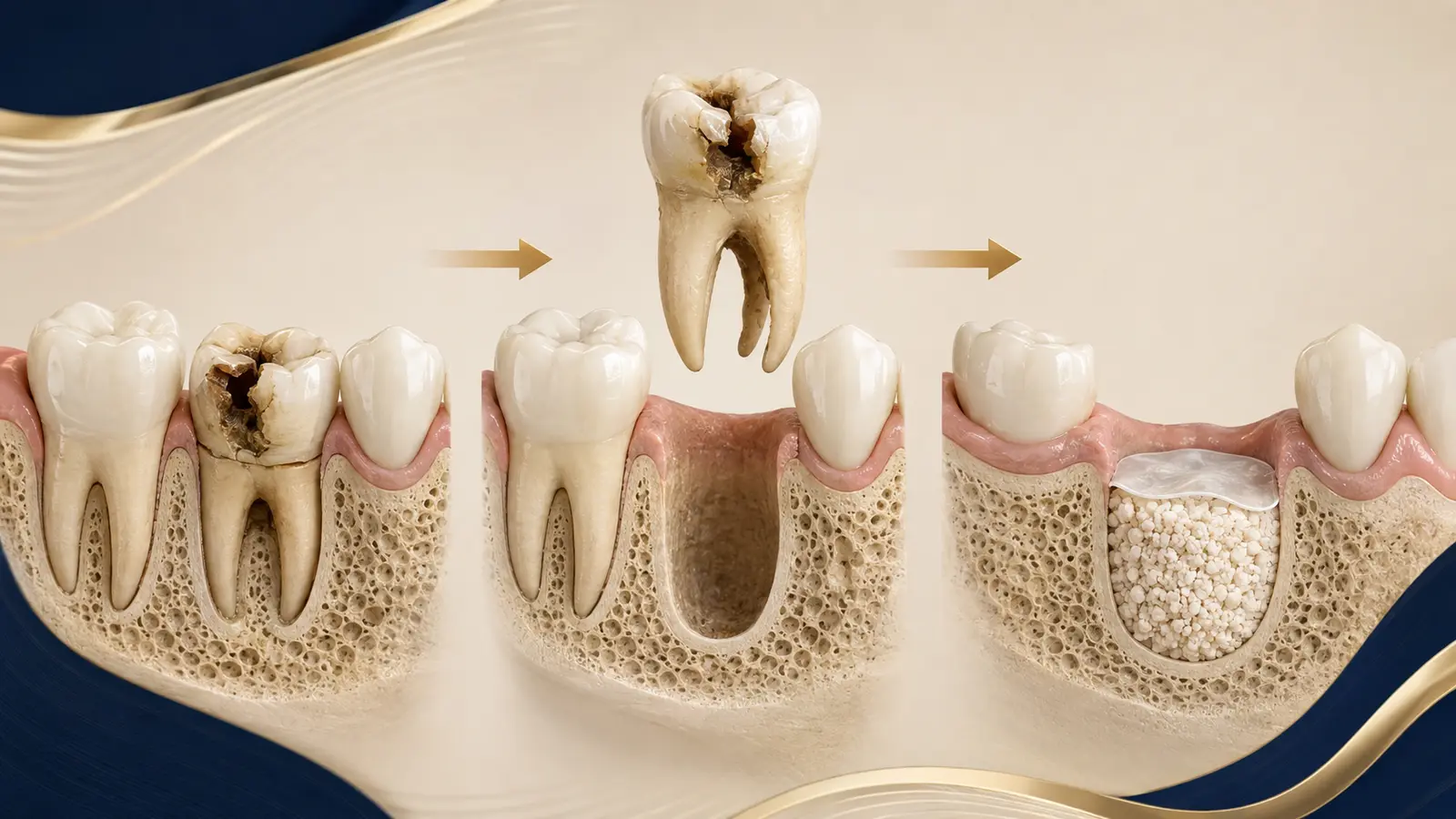 Hasarlı bir dişi, çekimini ve alveolün korunmasını gösteren eğitici görsel dizi