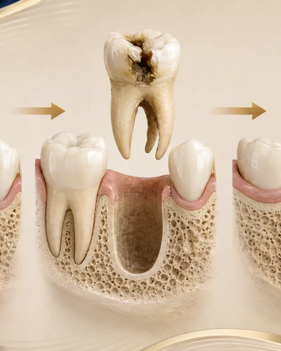 Hasarlı bir dişi, çekimini ve alveolün korunmasını gösteren eğitici görsel dizi