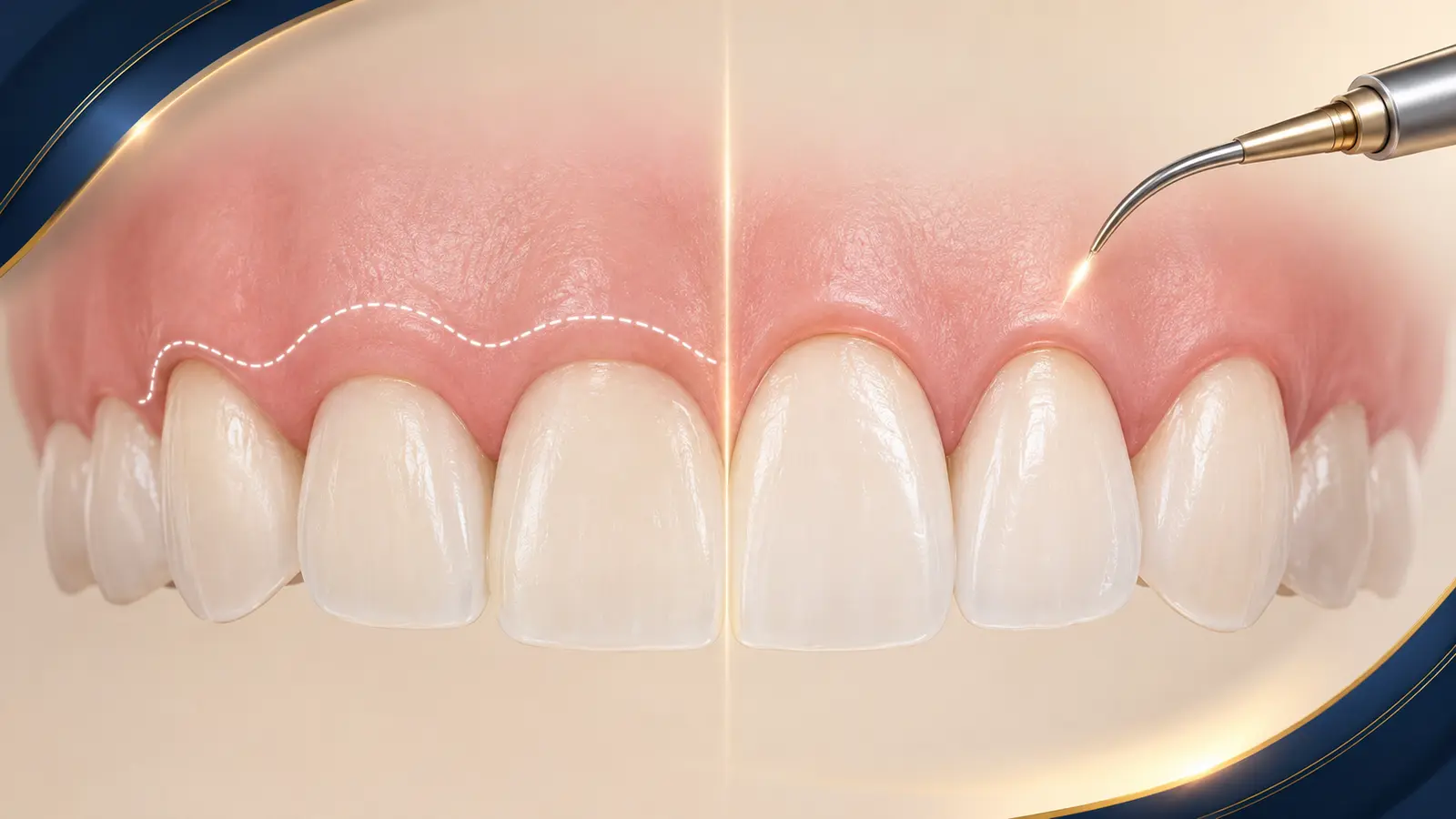 Educational comparison of a gum line before and after reshaping
