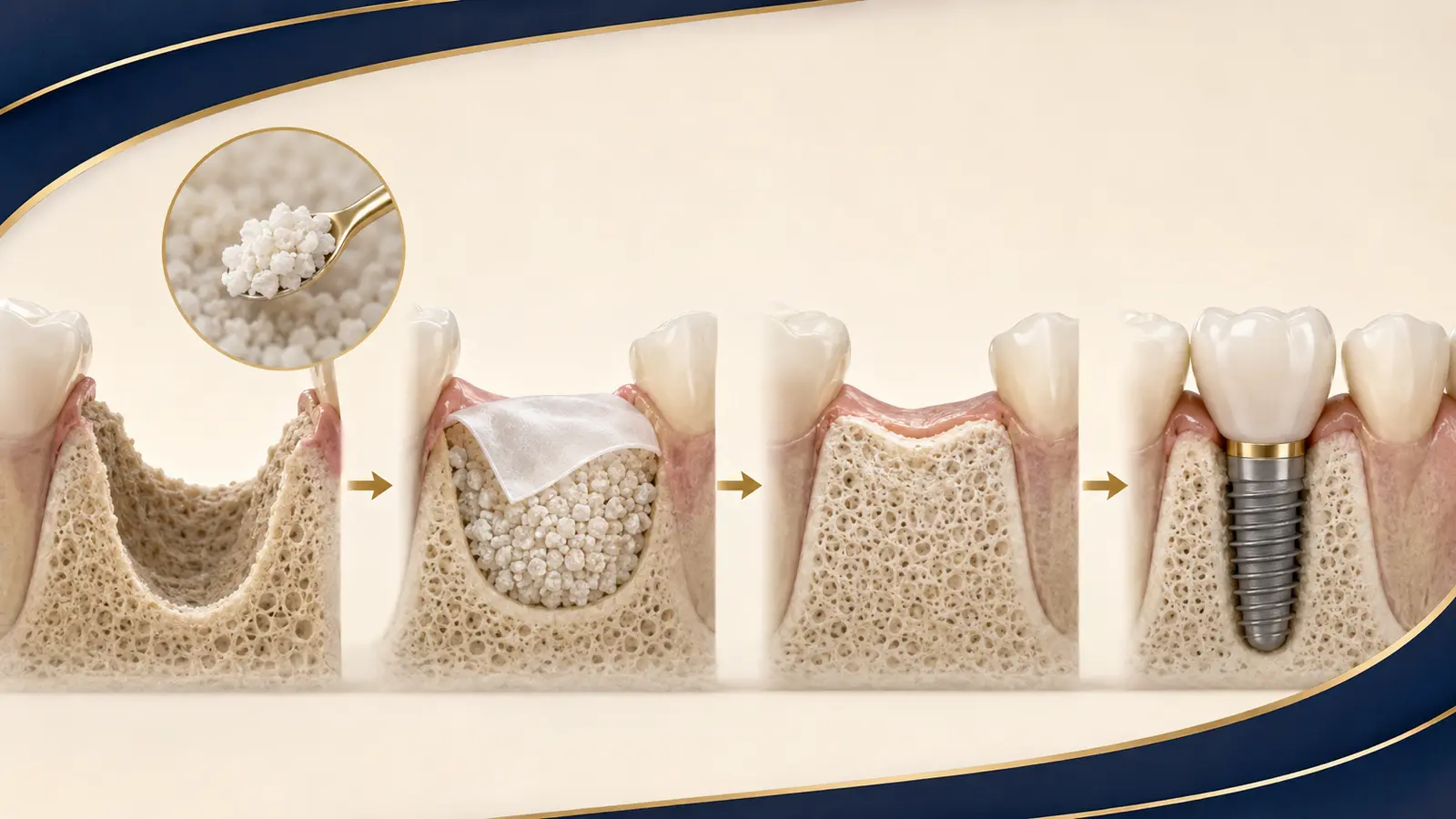 Kemik defektini, biyomalzemeyi, membranı ve ardından bir implantı gösteren eğitici görsel dizi