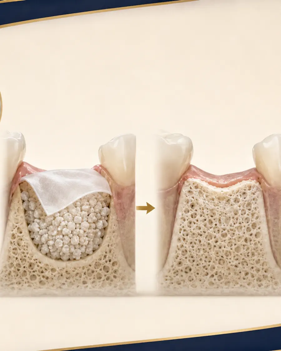 Kemik defektini, biyomalzemeyi, membranı ve ardından bir implantı gösteren eğitici görsel dizi