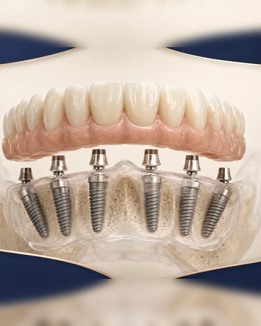 Mâchoire en transparence montrant six implants soutenant une arcade complète