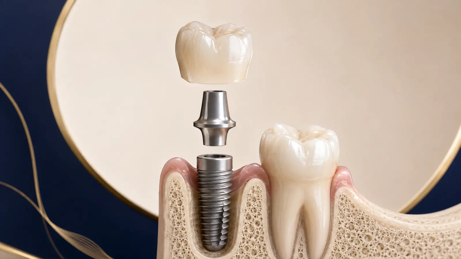 Vue éclatée d’un implant, de son pilier et d’une couronne céramique