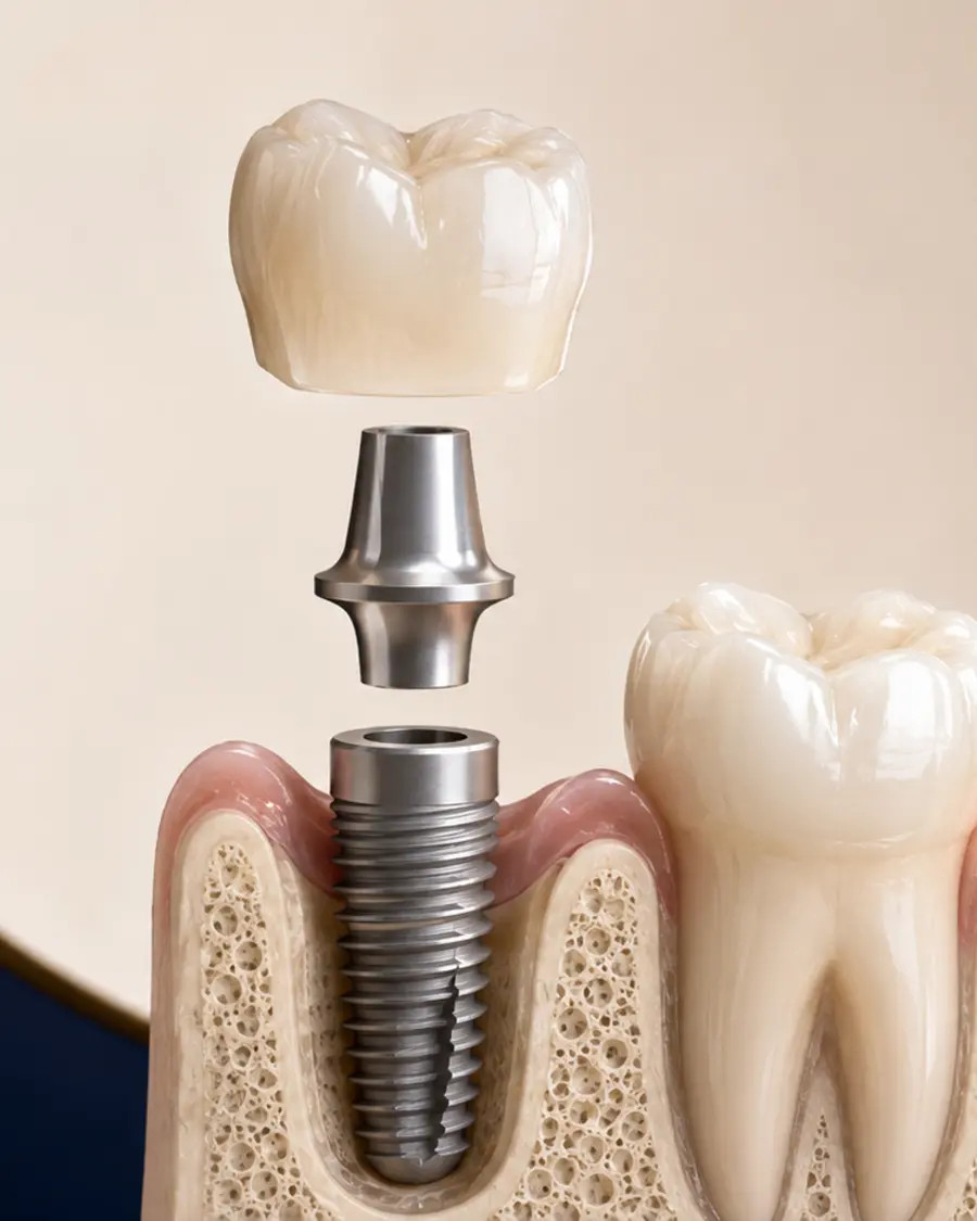 Vue éclatée d’un implant, de son pilier et d’une couronne céramique