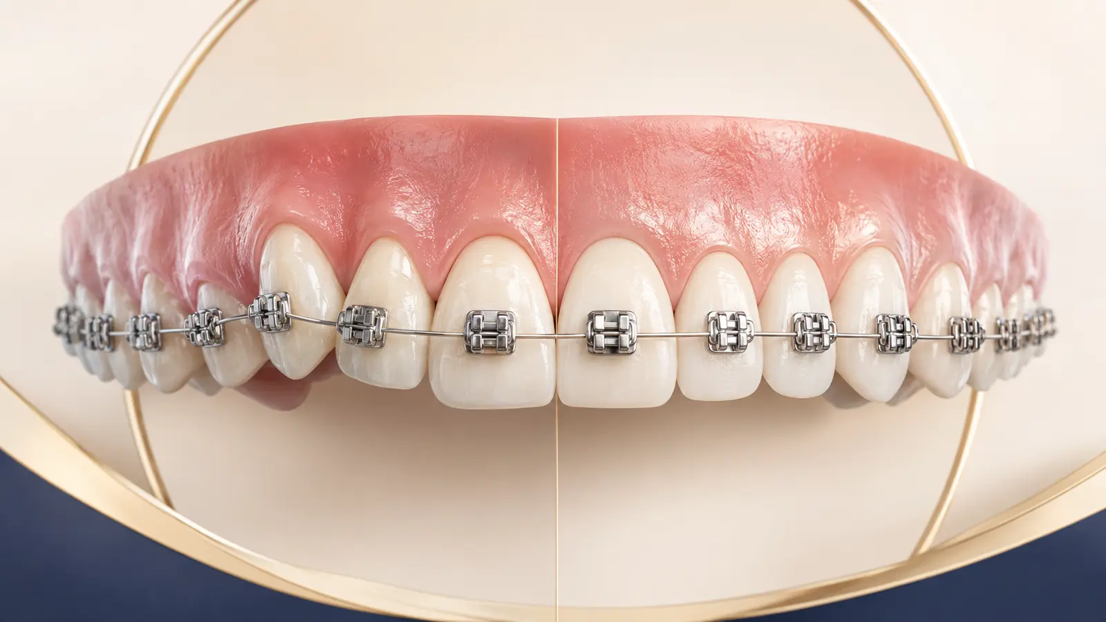 Metal braketler ve ortodontik tel takılmış dişlerin yakın çekim görüntüsü