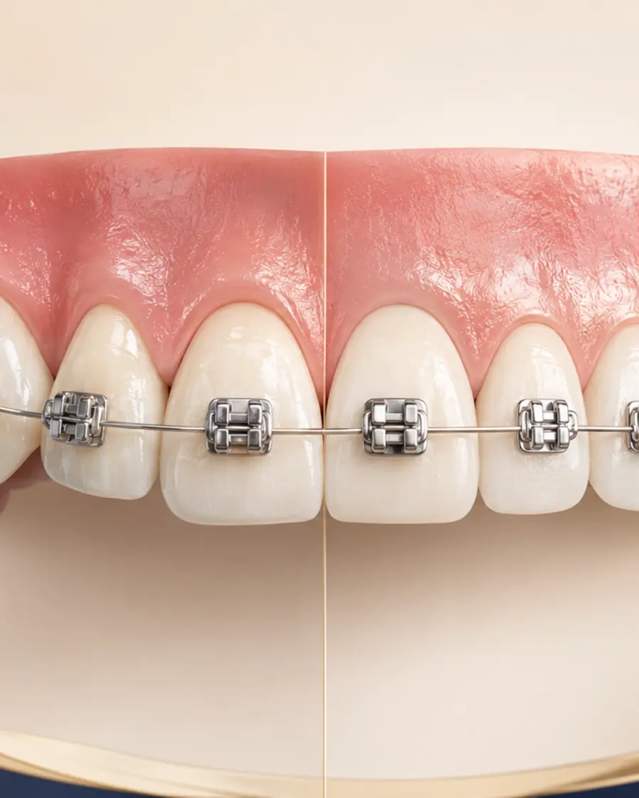 Metal braketler ve ortodontik tel takılmış dişlerin yakın çekim görüntüsü