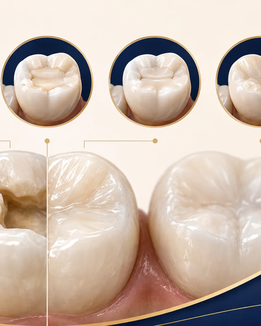 Bir kavitenin diş kompozitiyle kademeli olarak restore edilişini gösteren makro çekim dizisi